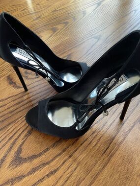 Badgley Mischka Black Satin Peep-Toe Heels with Bow Accent